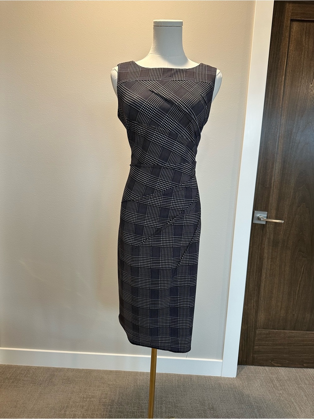 Calvin Klein Black & White Plaid Midi Sheath Dress